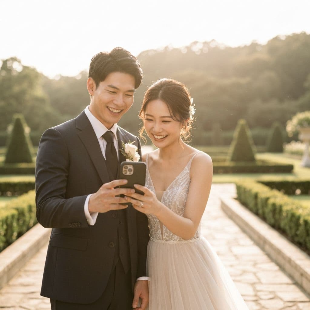 Couple looking at their wedding invitation on a phone